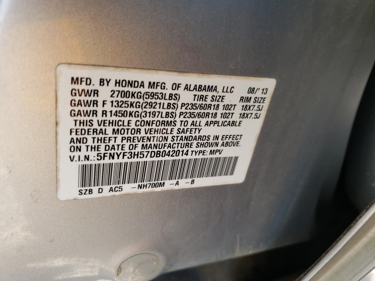 Photo 10 from auction – 2013 HONDA PILOT EXL with VIN 5FNYF3H57DB042014