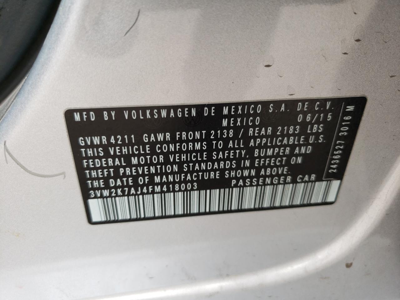 Photo 10 from auction – 2015 VOLKSWAGEN JETTA BASE with VIN 3VW2K7AJ4FM418003