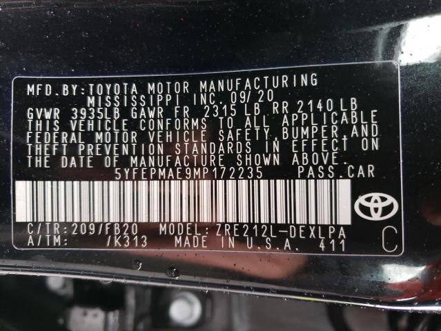 Photo 10 from auction – 2021 TOYOTA COROLLA LE with VIN 5YFEPMAE9MP172235