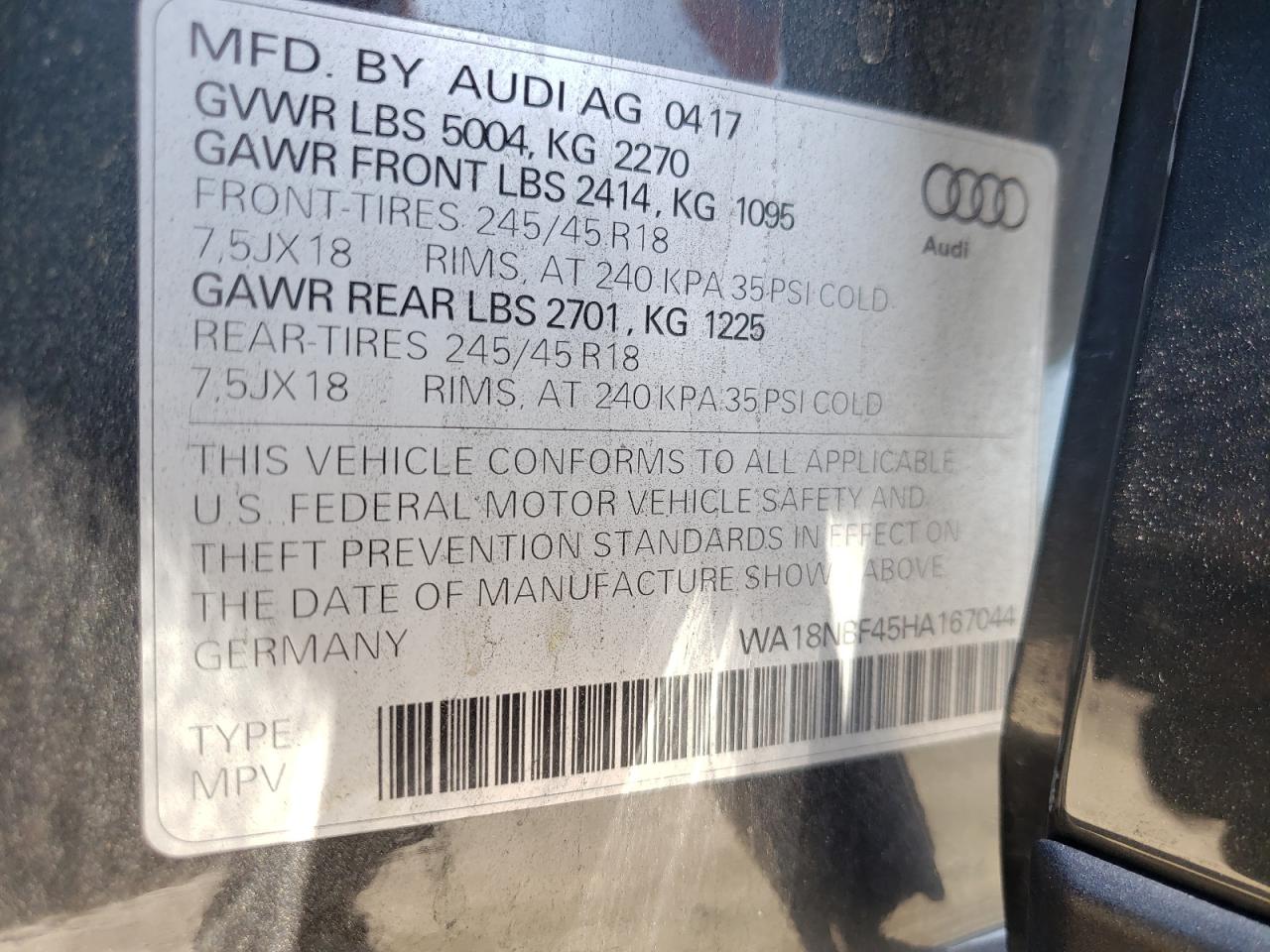Photo 10 from auction – 2017 AUDI A4 ALLROAD with VIN WA18NBF45HA167044
