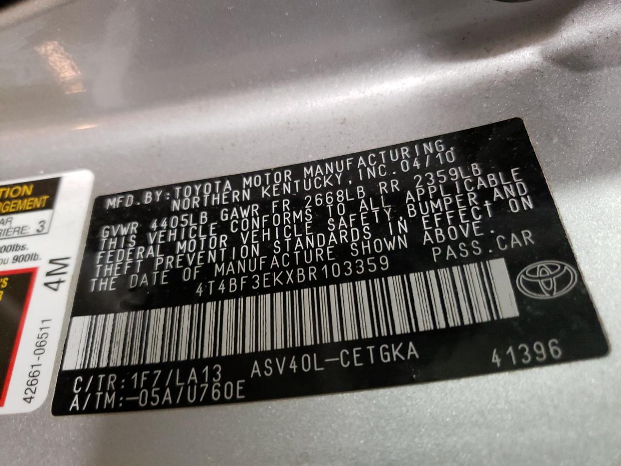 Photo 10 from auction – 2011 TOYOTA CAMRY BASE with VIN 4T4BF3EKXBR103359