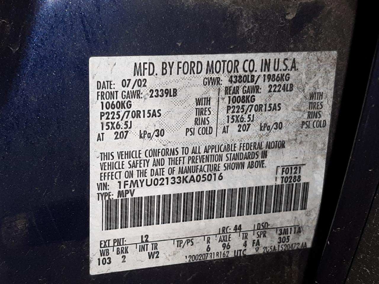 Photo 10 from auction – 2003 FORD ESCAPE with VIN 1FMYU02133KA05016