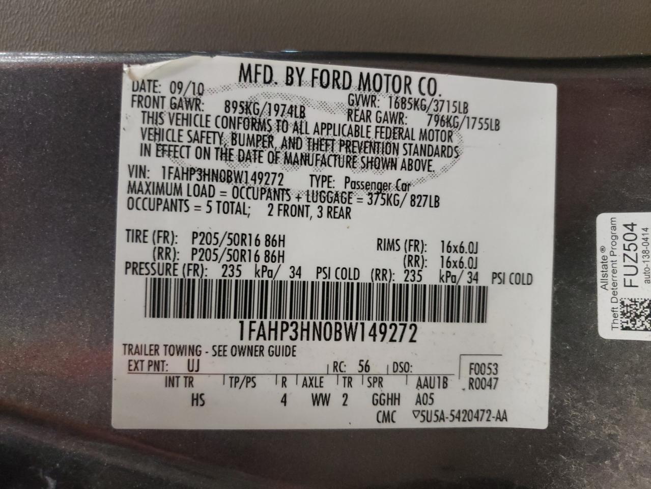 Photo 10 from auction – 2011 FORD FOCUS SEL with VIN 1FAHP3HN0BW149272