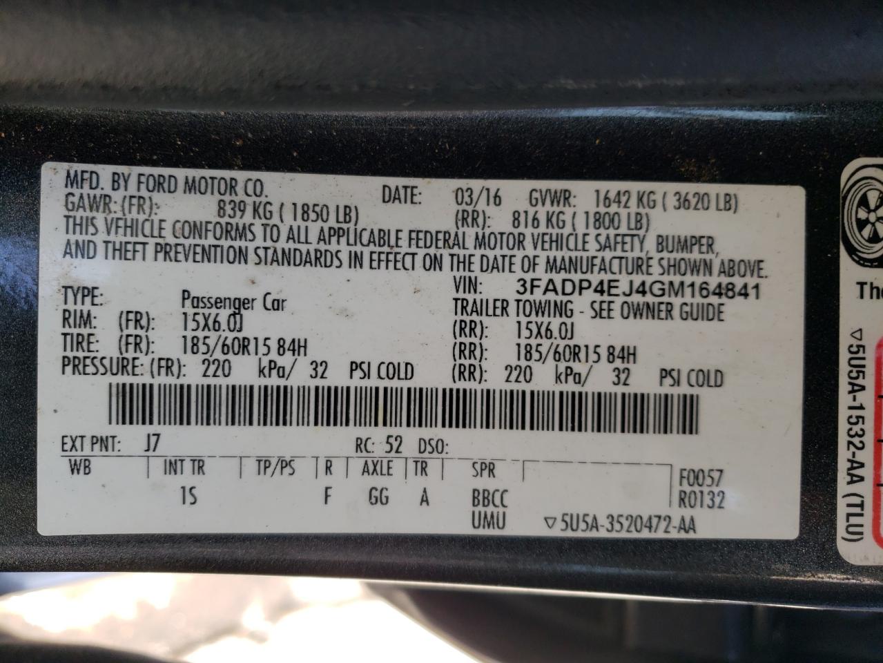 Photo 10 from auction – 2016 FORD FIESTA SE with VIN 3FADP4EJ4GM164841