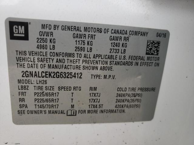 Photo 10 from auction – 2016 CHEVROLET EQUINOX LT with VIN 2GNALCEK2G6325412