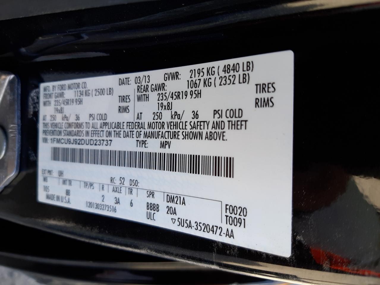 Photo 20 from auction – 2013 FORD ESCAPE TIT with VIN 1FMCU9J92DUD23737