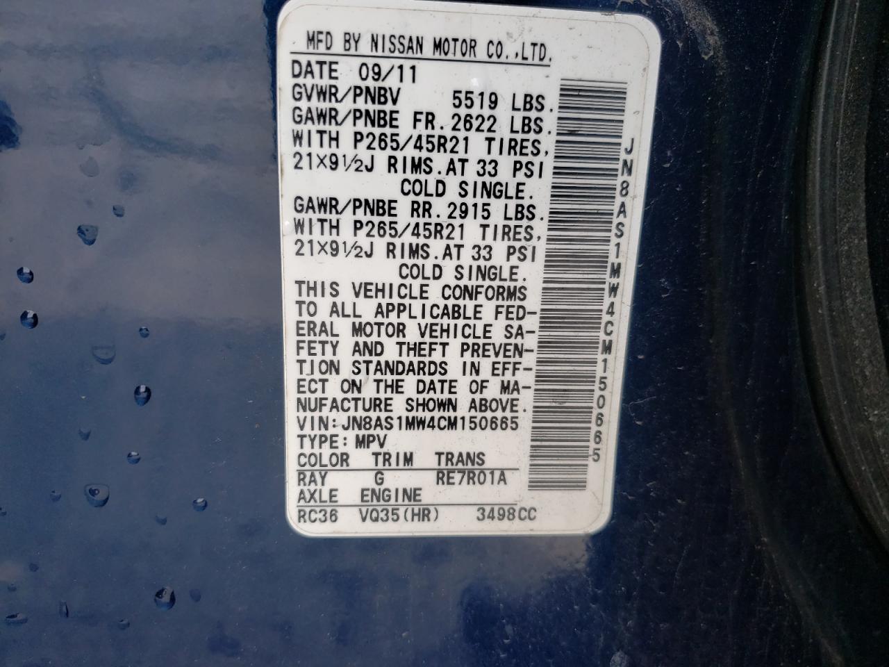 Photo 10 from auction – 2012 INFINITI FX35 with VIN JN8AS1MW4CM150665