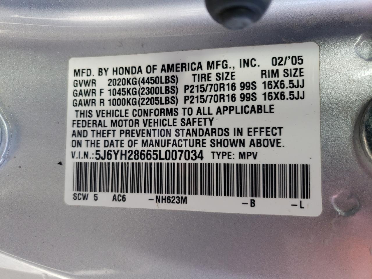 Photo 10 from auction – 2005 HONDA ELEMENT EX with VIN 5J6YH28665L007034