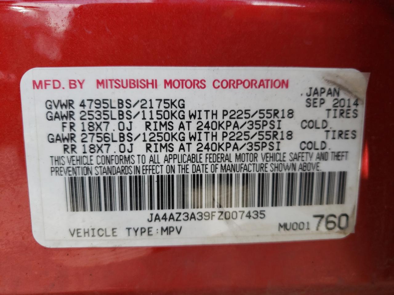 Zdjęcie 10 z aukcji – 2015 MITSUBISHI OUTLANDER z VIN JA4AZ3A39FZ007435