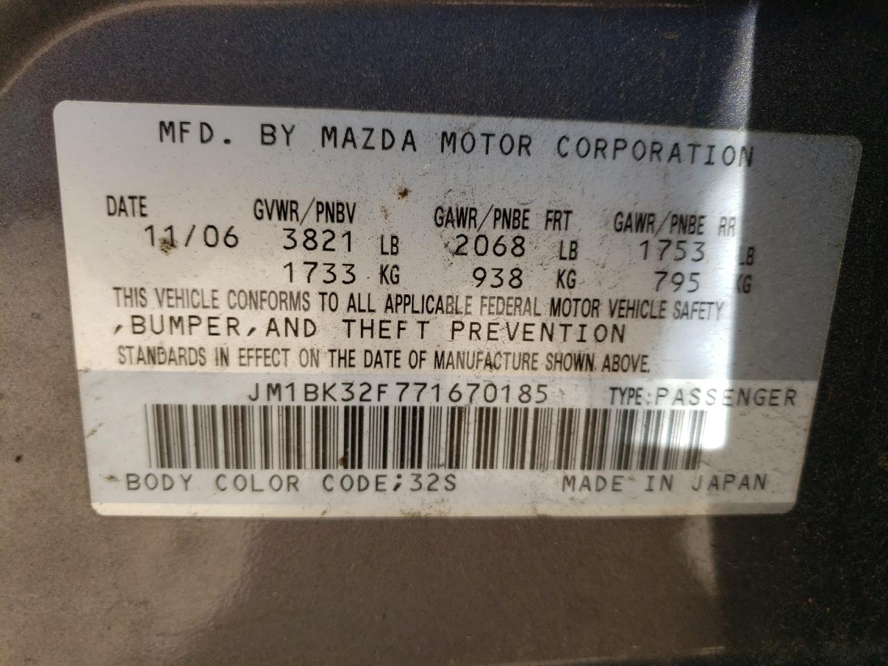 Photo 10 from auction – 2007 MAZDA 3 I with VIN JM1BK32F771670185