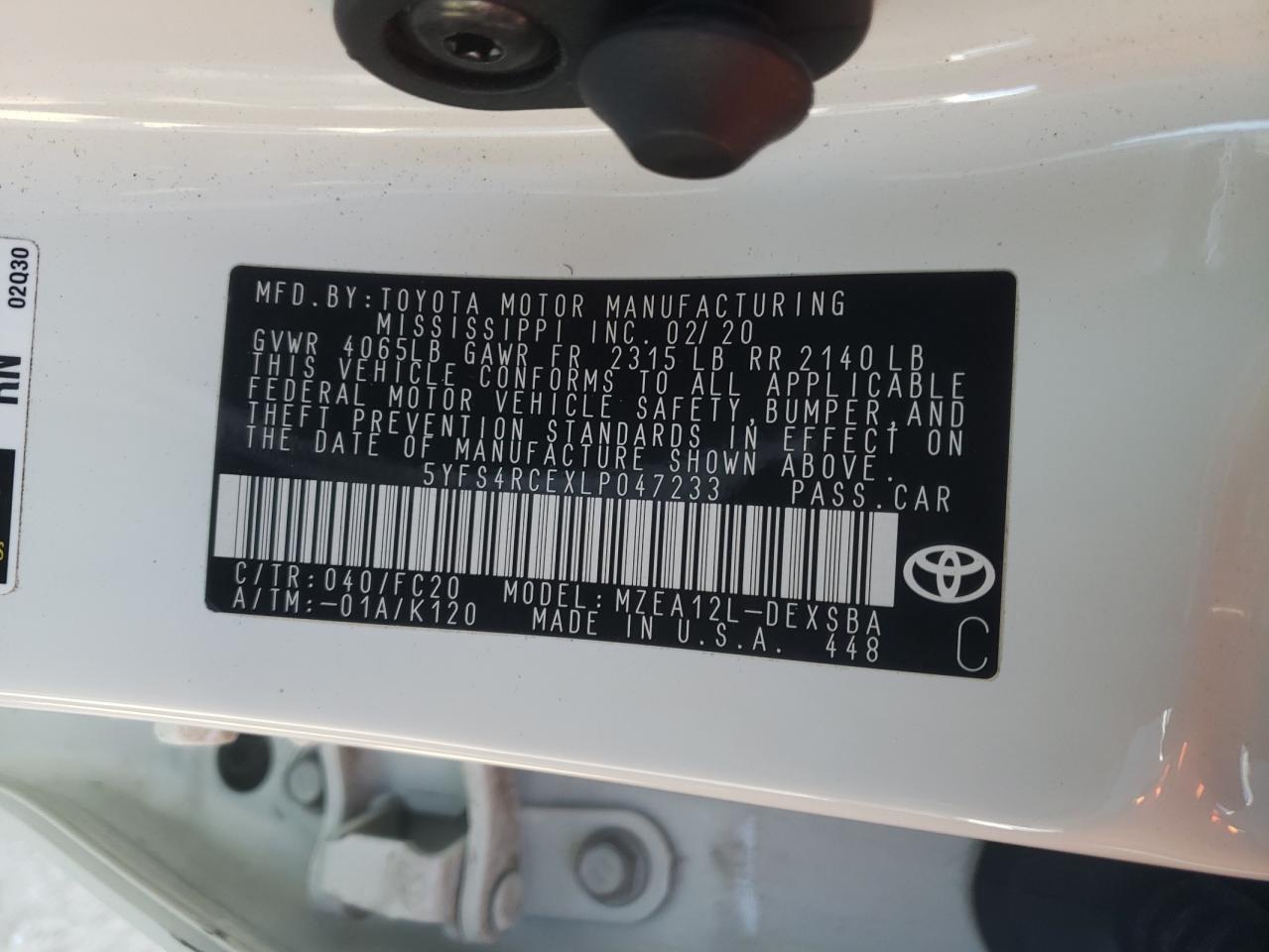Photo 10 from auction – 2020 TOYOTA COROLLA SE with VIN 5YFS4RCEXLP047233