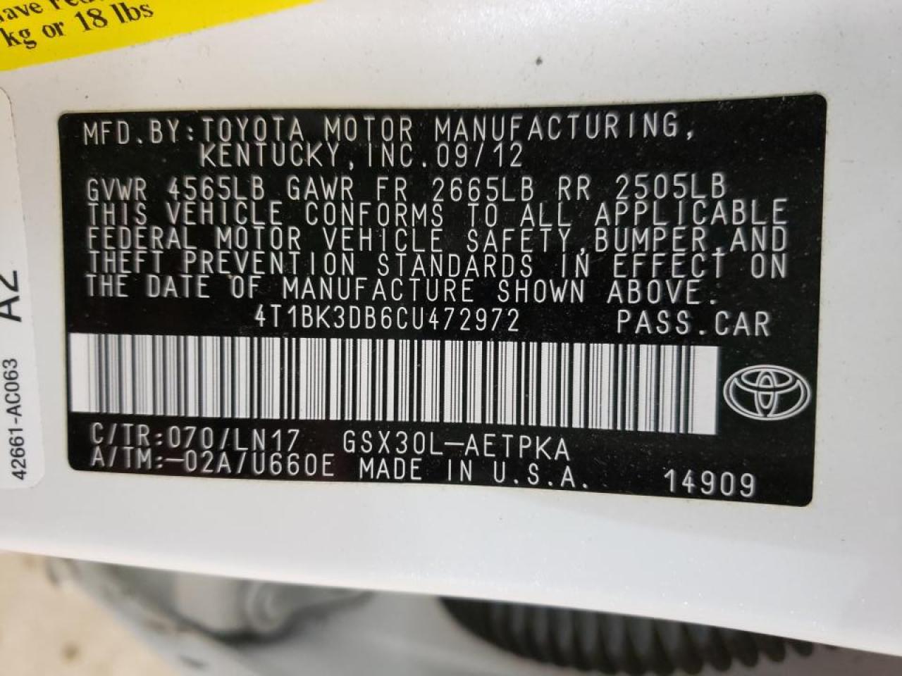 Photo 10 from auction – 2012 TOYOTA AVALON BAS with VIN 4T1BK3DB6CU472972