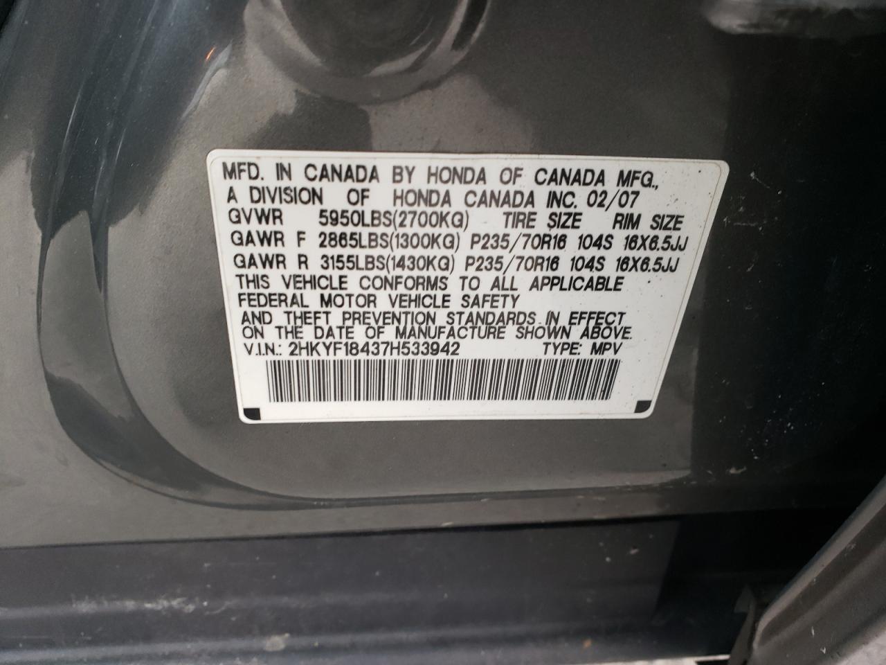 Photo 10 from auction – 2007 HONDA PILOT EX with VIN 2HKYF18437H533942