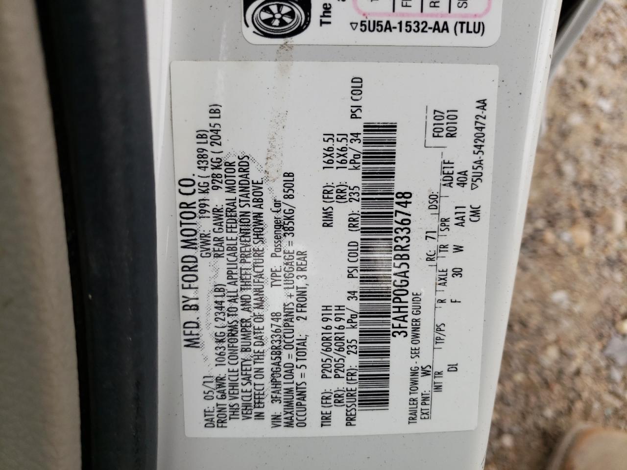 Photo 10 from auction – 2011 FORD FUSION S with VIN 3FAHP0GA5BR336748