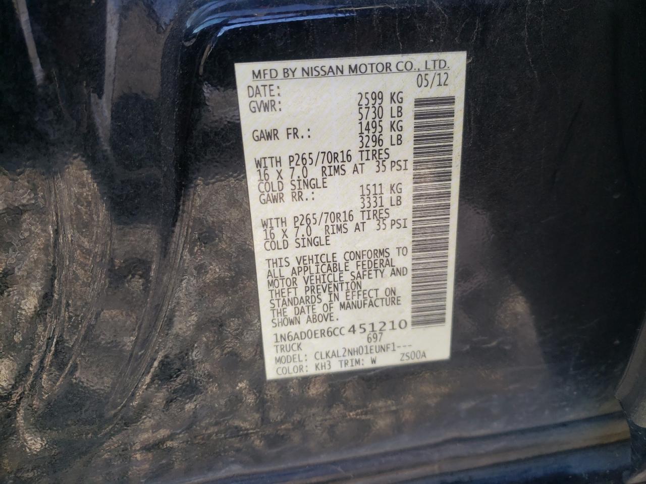 Photo 10 from auction – 2012 NISSAN FRONTIER S with VIN 1N6AD0ER6CC451210