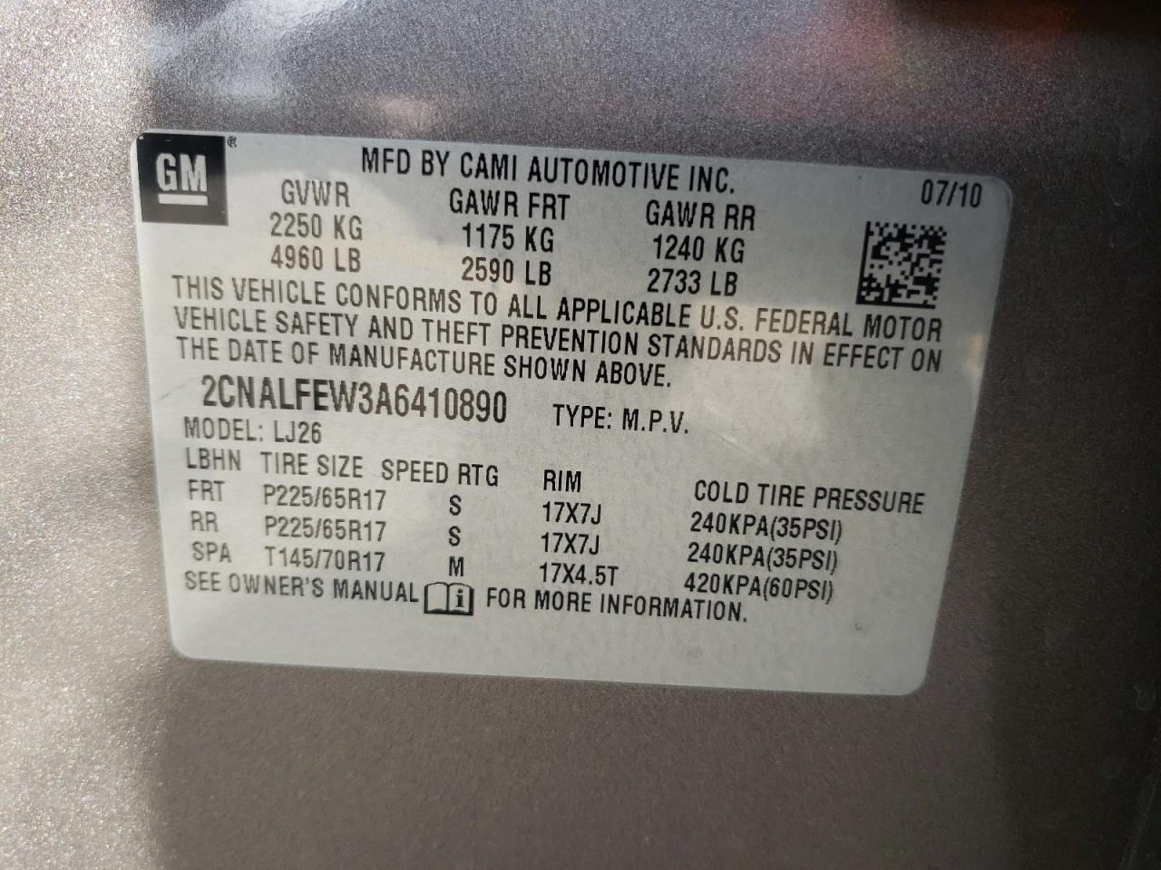 Photo 10 from auction – 2010 CHEVROLET EQUINOX LT with VIN 2CNALFEW3A6410890