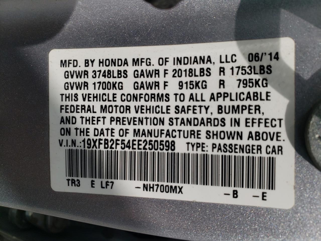 Photo 10 from auction – 2014 HONDA CIVIC LX with VIN 19XFB2F54EE250598