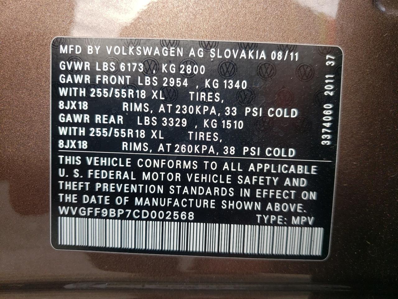 Photo 10 from auction – 2012 VOLKSWAGEN TOUAREG V6 with VIN WVGFF9BP7CD002568