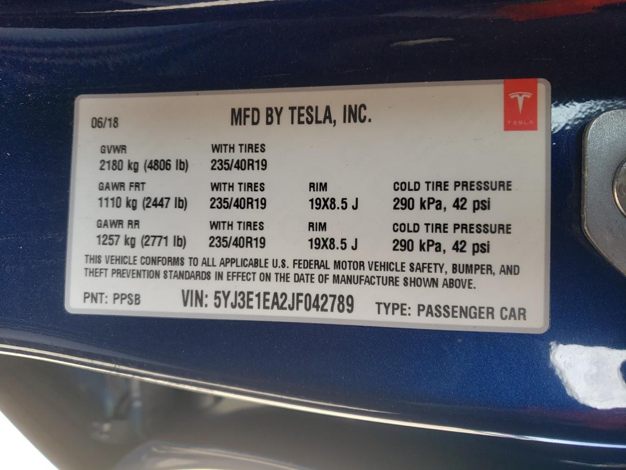 Photo 10 from auction – 2018 TESLA MODEL 3 with VIN 5YJ3E1EA2JF042789