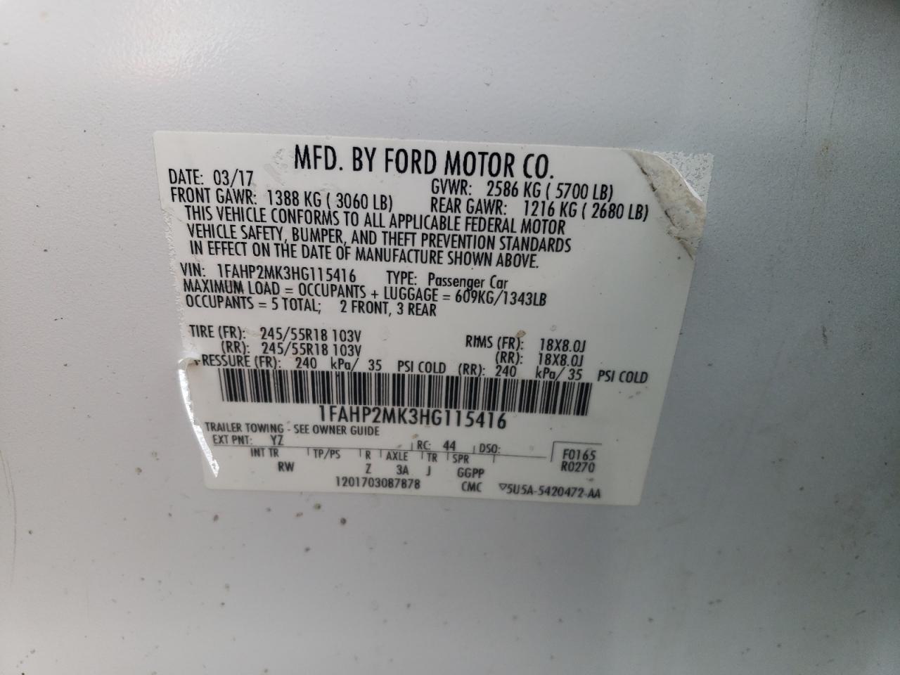 Foto 10 de la subasta – 2017 FORD TAURUS POL con VIN 1FAHP2MK3HG115416