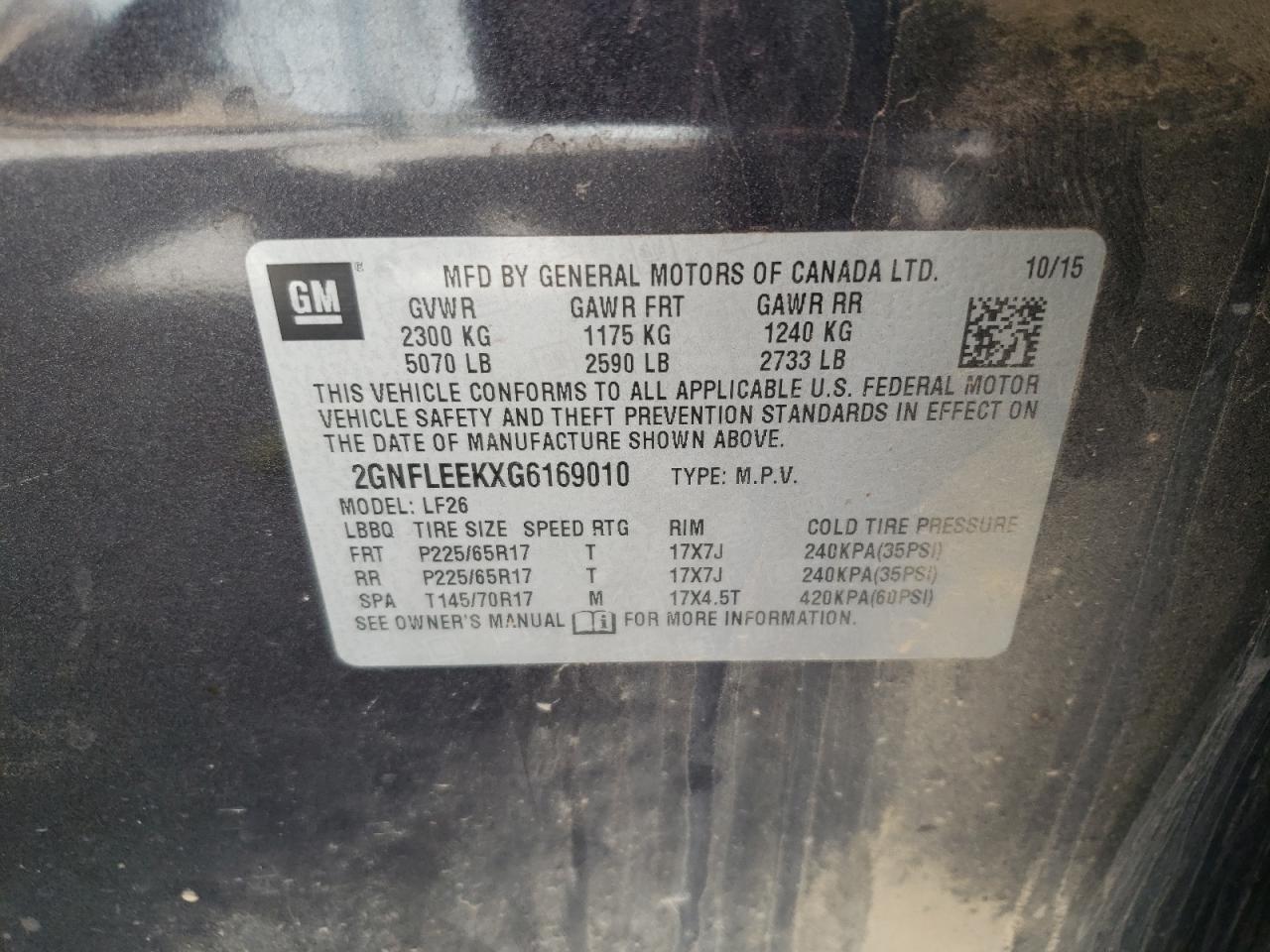 Photo 10 from auction – 2016 CHEVROLET EQUINOX LS with VIN 2GNFLEEKXG6169010