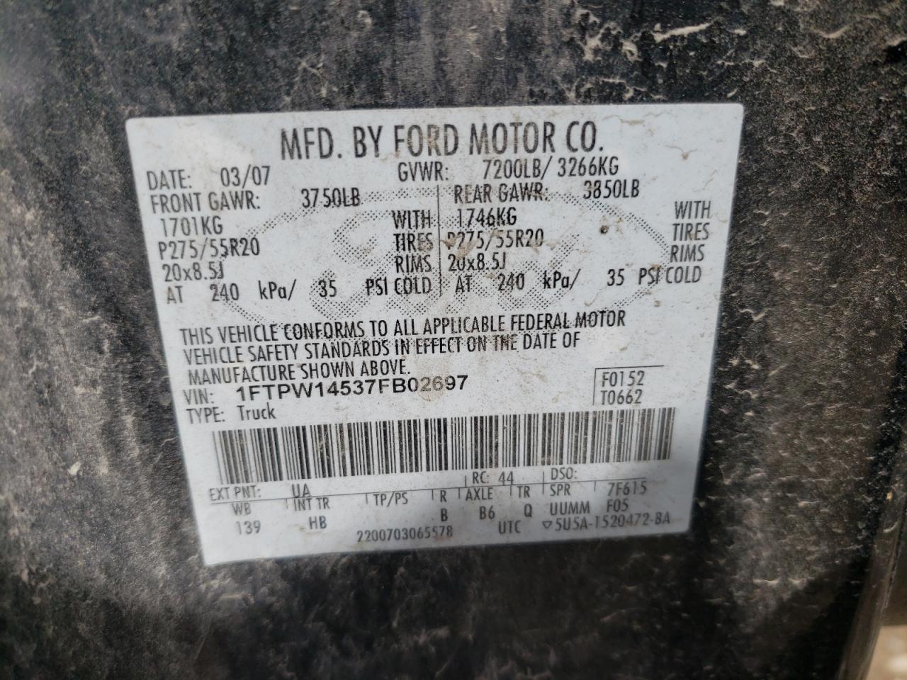 Photo 10 from auction – 2007 FORD F150 SUPER with VIN 1FTPW14537FB02697