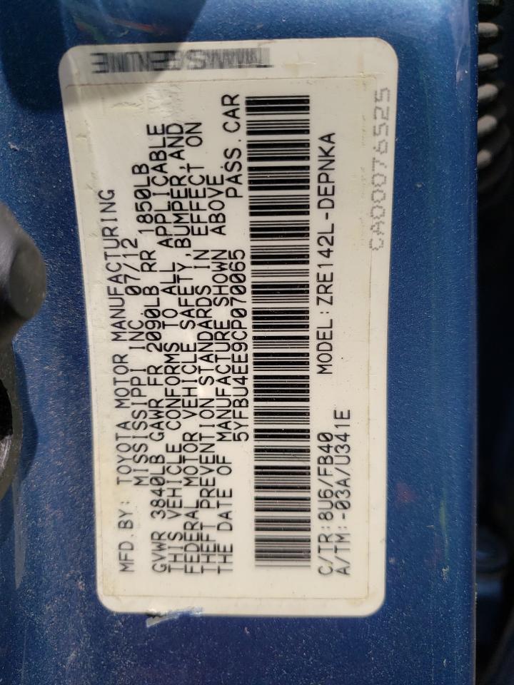 Photo 10 from auction – 2012 TOYOTA COROLLA BA with VIN 5YFBU4EE9CP070065