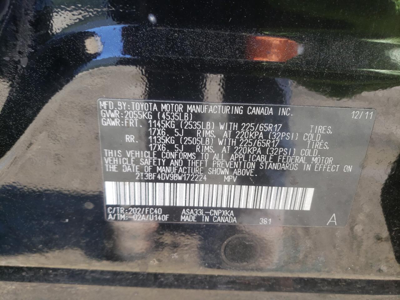 Photo 10 from auction – 2011 TOYOTA RAV4 with VIN 2T3BF4DV9BW172224