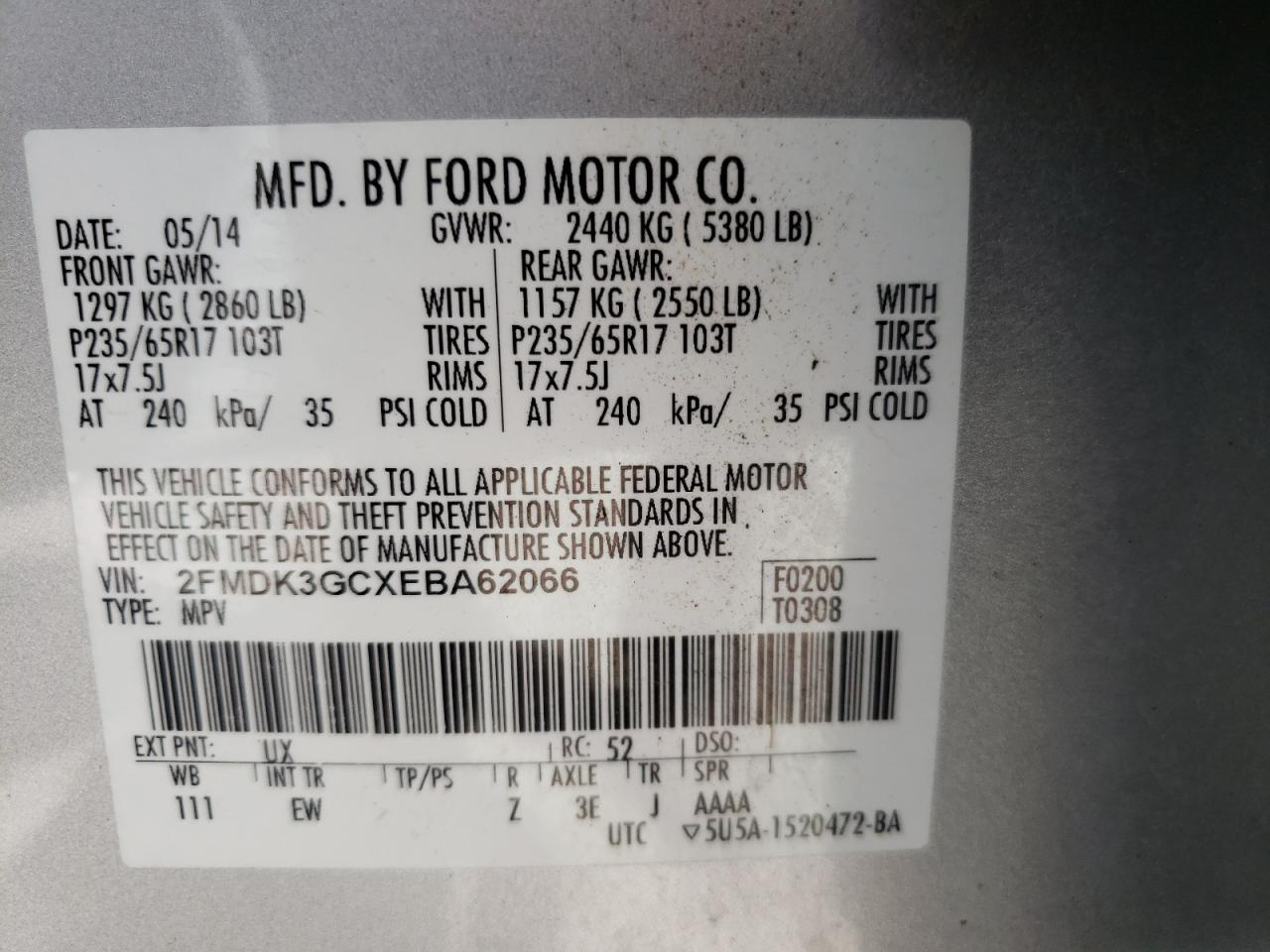 Photo 10 from auction – 2014 FORD EDGE SE with VIN 2FMDK3GCXEBA62066