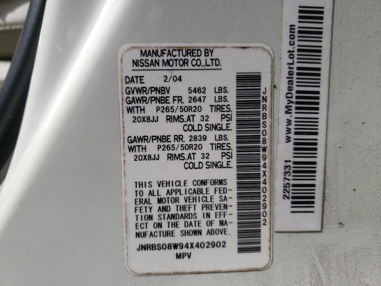Photo 10 from auction – 2004 INFINITI FX45 with VIN JNRBS08W94X402902