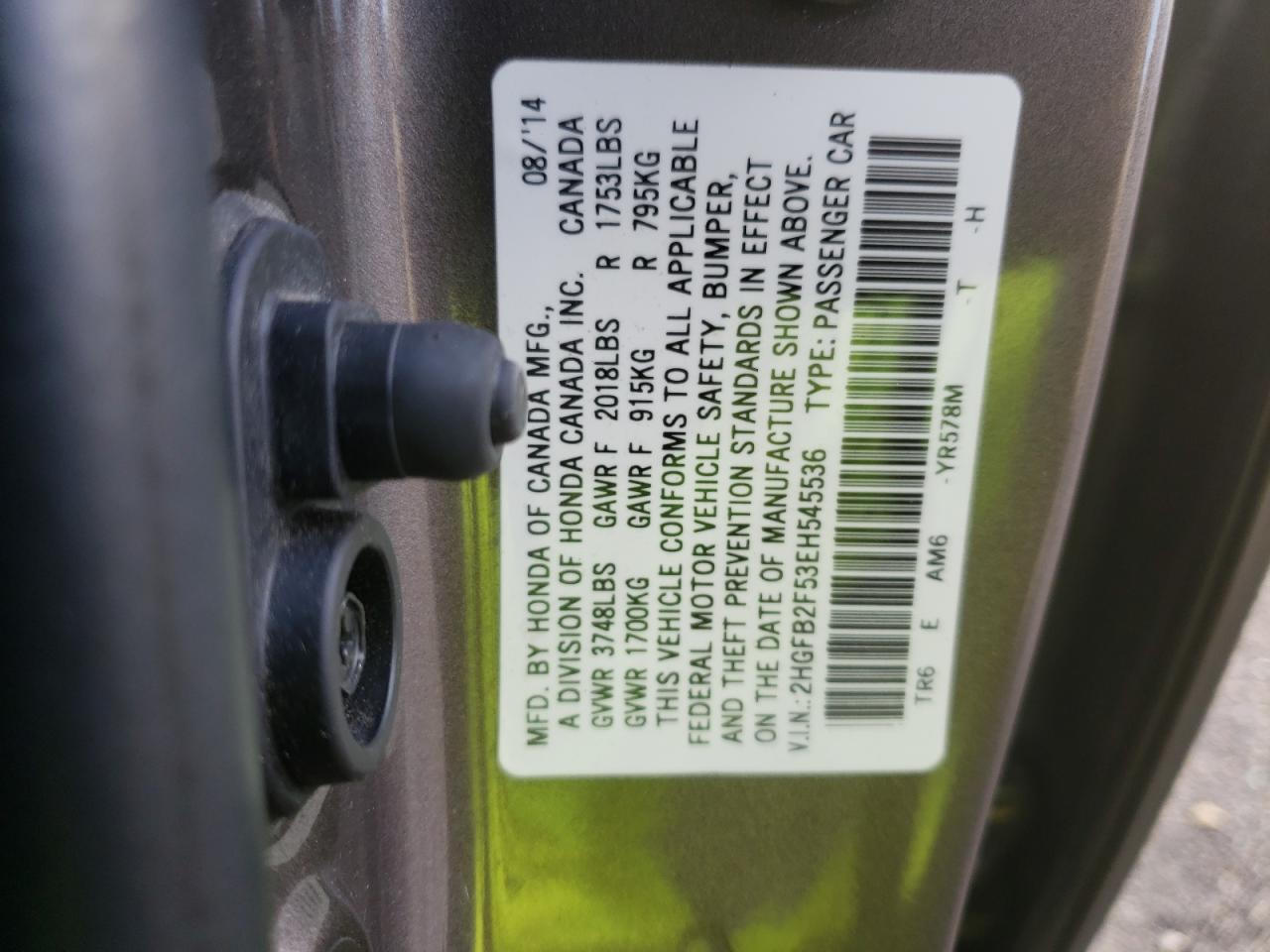 Photo 10 from auction – 2014 HONDA CIVIC LX with VIN 2HGFB2F53EH545536