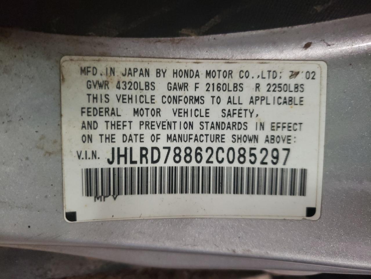 Photo 10 from auction – 2002 HONDA CR-V with VIN JHLRD78862C085297