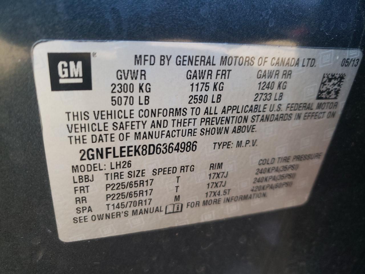 Photo 10 from auction – 2013 CHEVROLET EQUINOX LT with VIN 2GNFLEEK8D6364986