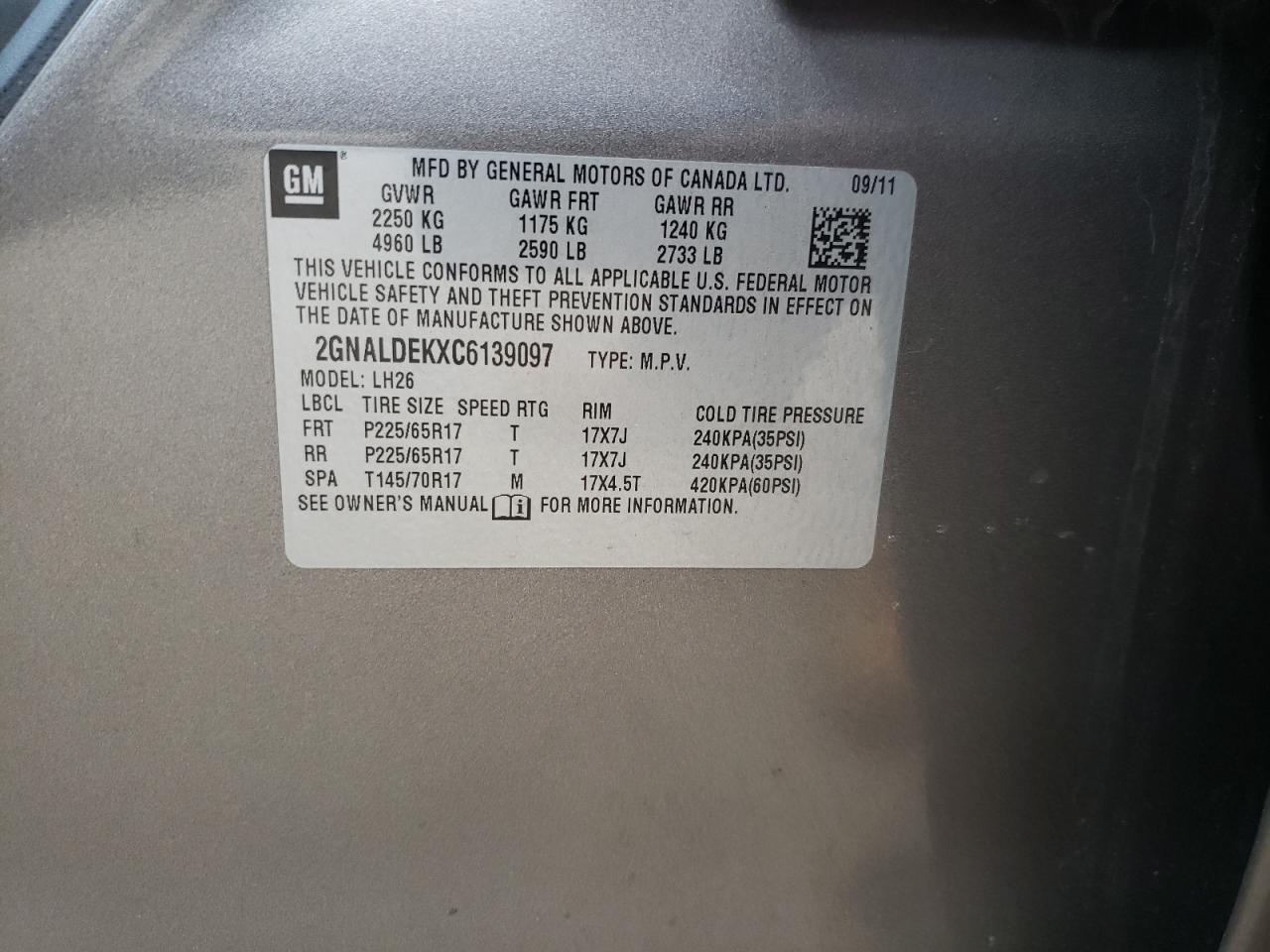 Photo 10 from auction – 2012 CHEVROLET EQUINOX LT with VIN 2GNALDEKXC6139097