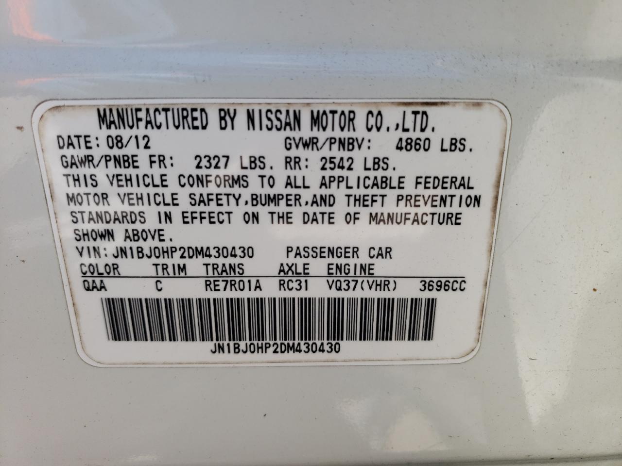 Photo 10 from auction – 2013 INFINITI EX37 BASE with VIN JN1BJ0HP2DM430430