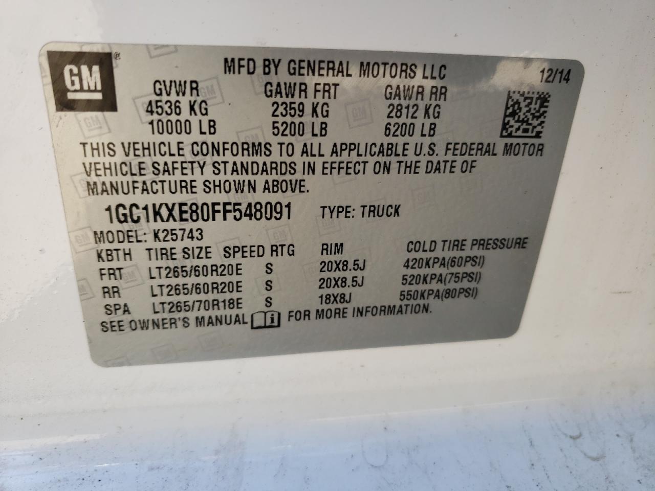 Photo 10 from auction – 2015 CHEVROLET 2500 HD with VIN 1GC1KXE80FF548091