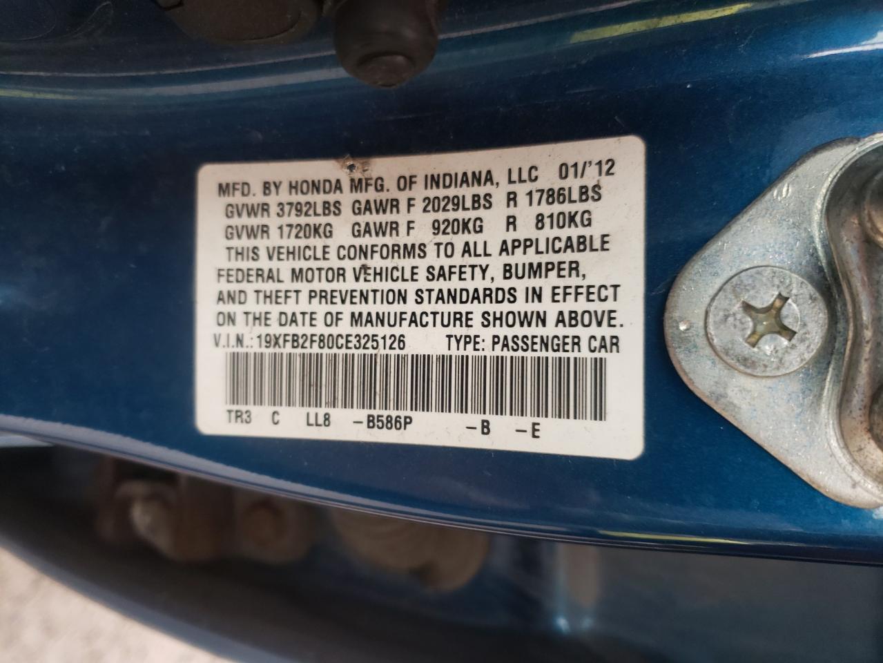 Photo 10 from auction – 2012 HONDA CIVIC EX with VIN 19XFB2F80CE325126
