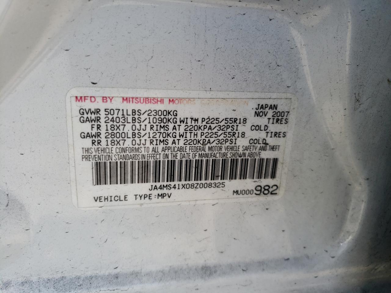 Photo 10 from auction – 2008 MITSUBISHI OUTLANDER with VIN JA4MS41X08Z008325