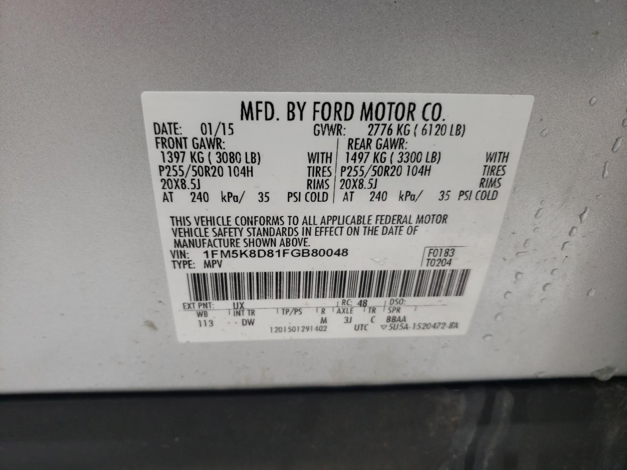 Фото 10 с аукциона – 2015 FORD EXPLORER X с VIN 1FM5K8D81FGB80048