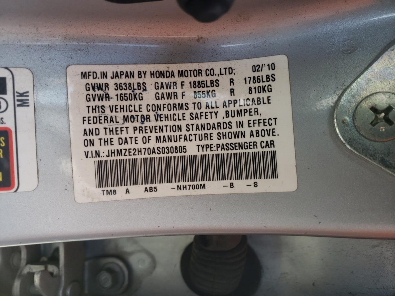 Photo 10 from auction – 2010 HONDA INSIGHT EX with VIN JHMZE2H70AS030805