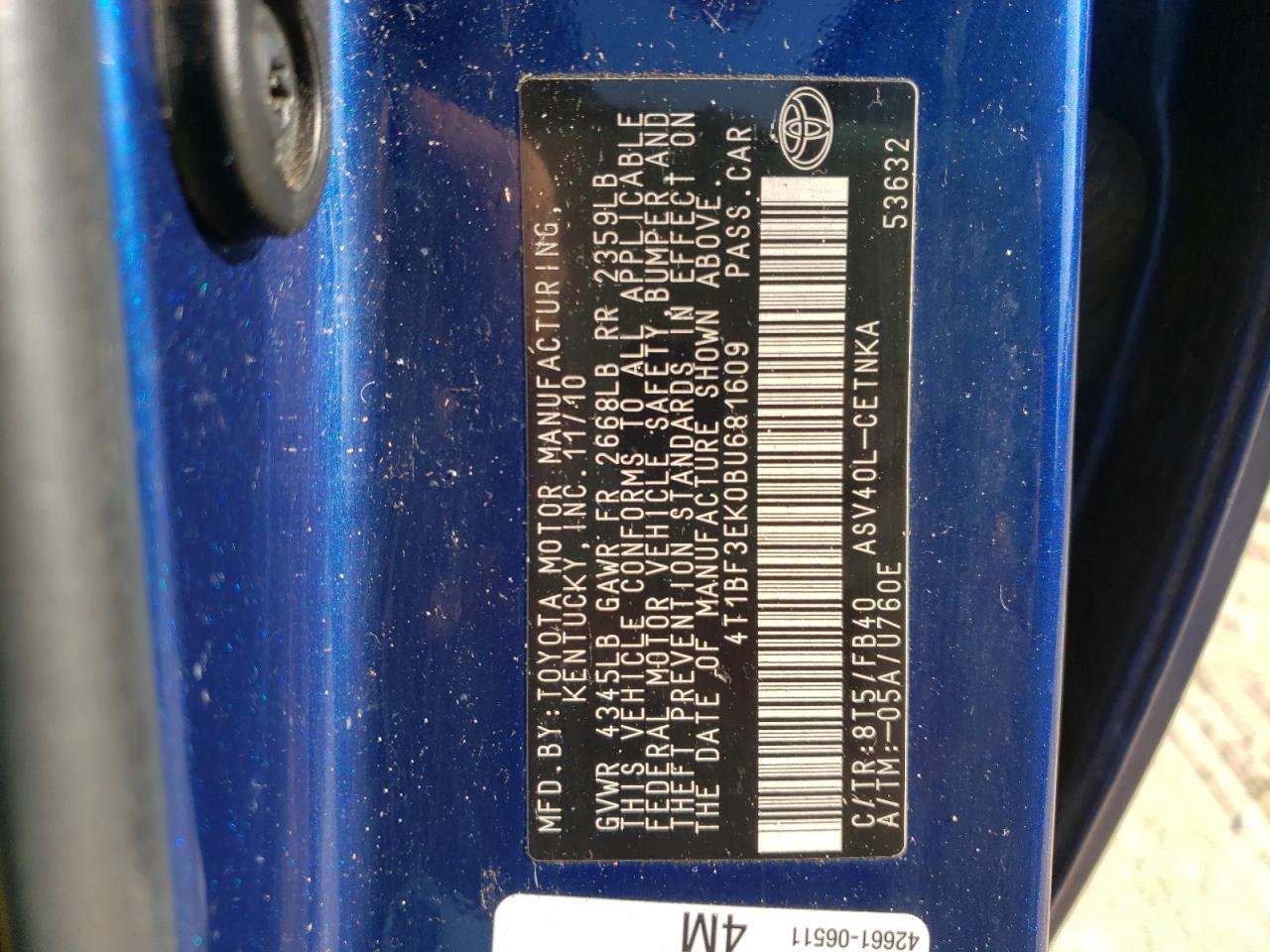 Foto 10 de la subasta – 2011 TOYOTA CAMRY BASE con VIN 4T1BF3EK0BU681609