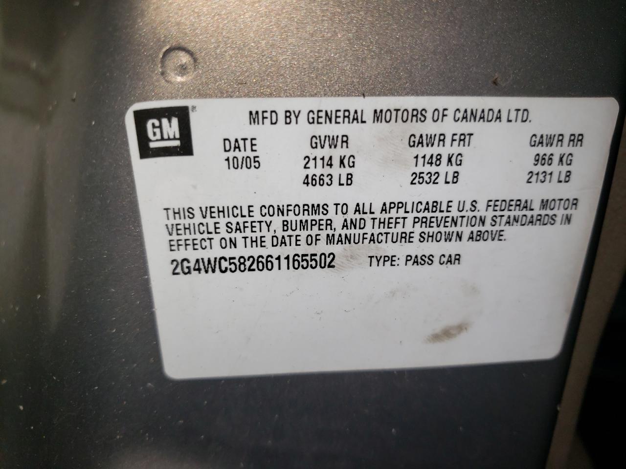 Photo 10 from auction – 2006 BUICK LACROSSE C with VIN 2G4WC582661165502