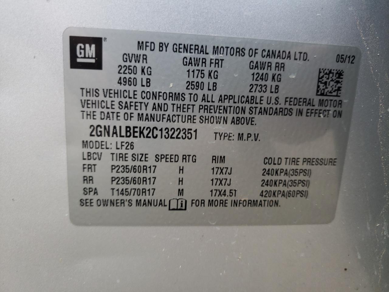 Photo 10 from auction – 2012 CHEVROLET EQUINOX LS with VIN 2GNALBEK2C1322351