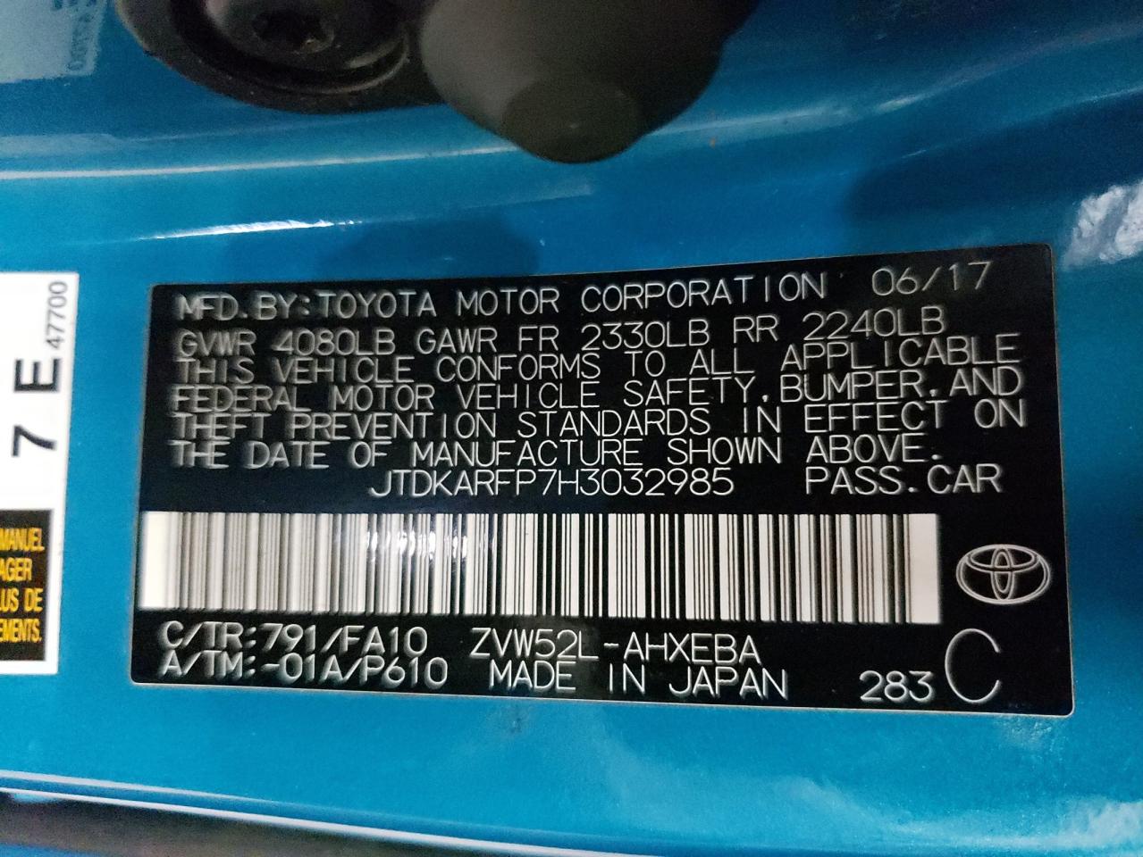 Photo 10 from auction – 2017 TOYOTA PRIUS PRIM with VIN JTDKARFP7H3032985