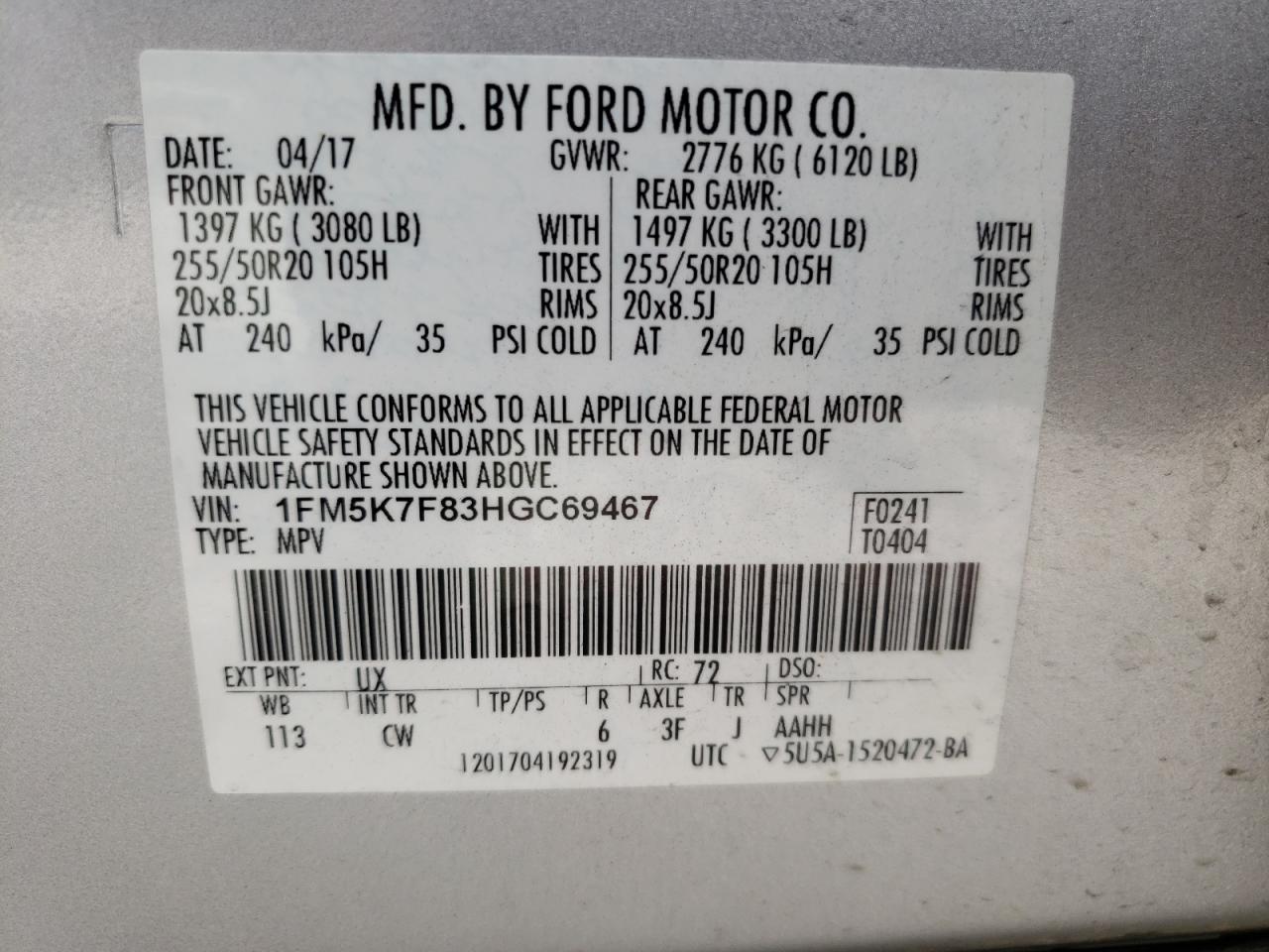 Photo 10 from auction – 2017 FORD EXPLORER L with VIN 1FM5K7F83HGC69467