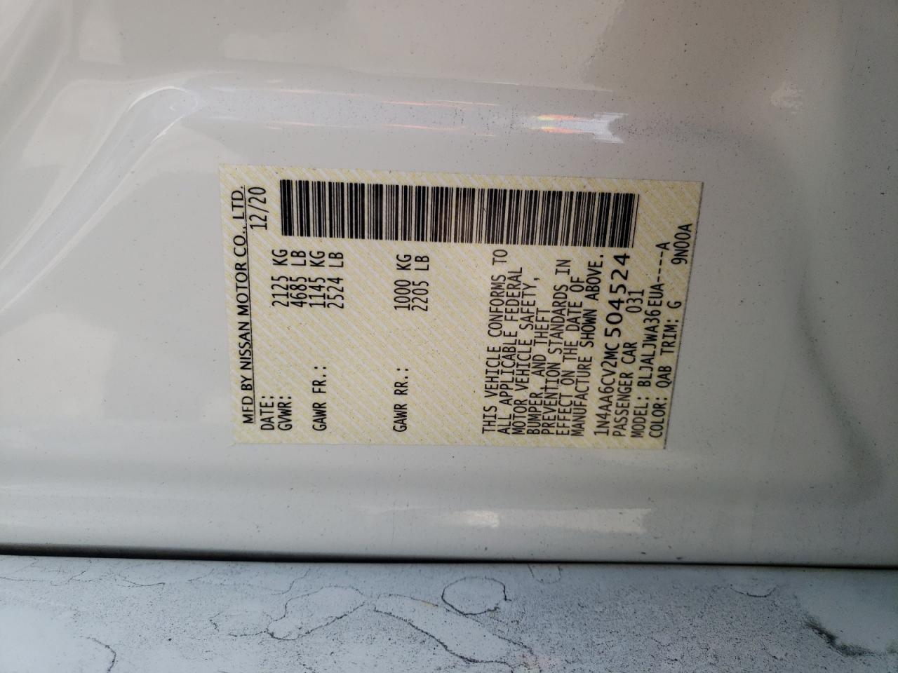 Photo 10 from auction – 2021 NISSAN MAXIMA SV with VIN 1N4AA6CV2MC504524