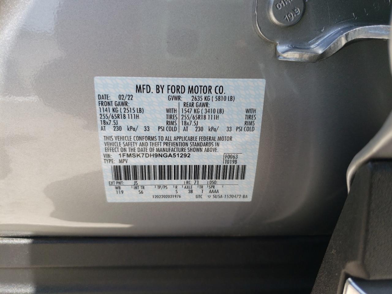 Photo 10 from auction – 2022 FORD EXPLORER X with VIN 1FMSK7DH9NGA51292