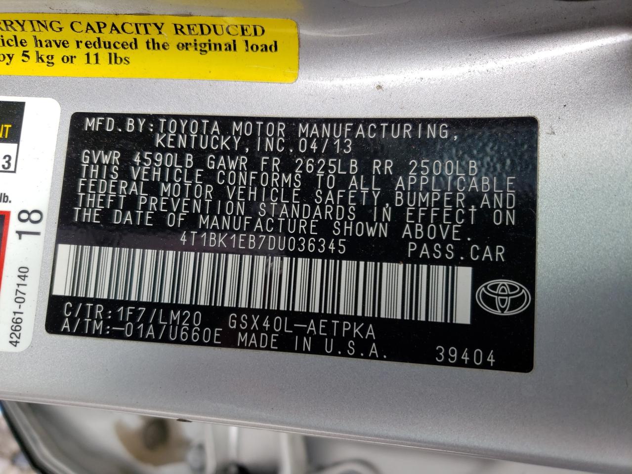 Photo 10 from auction – 2013 TOYOTA AVALON BAS with VIN 4T1BK1EB7DU036345