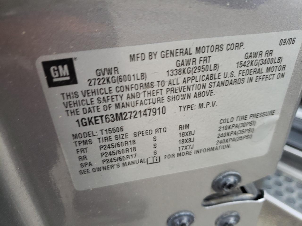 Photo 10 from auction – 2007 GMC ENVOY DENA with VIN 1GKET63M272147910
