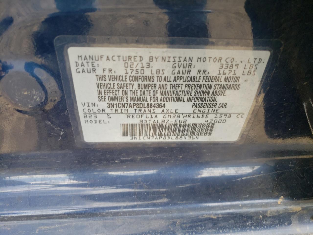 Photo 10 from auction – 2013 NISSAN VERSA S with VIN 3N1CN7AP8DL884364
